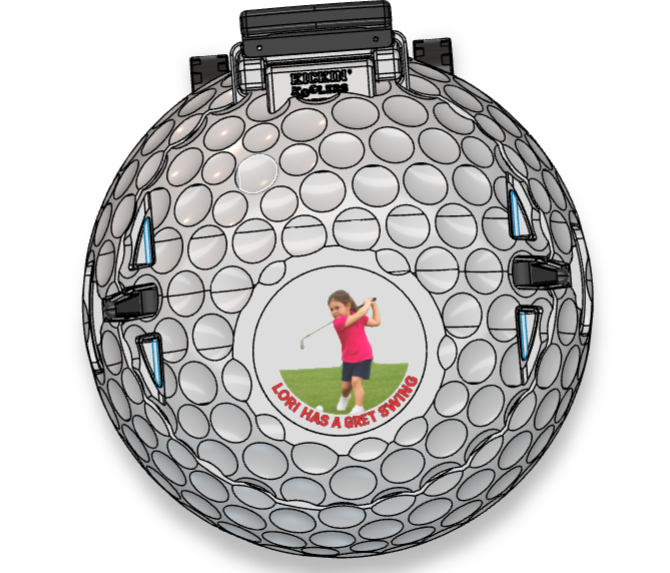 Golf ballshaped cooler with area for customer to upload logo, photo, and text