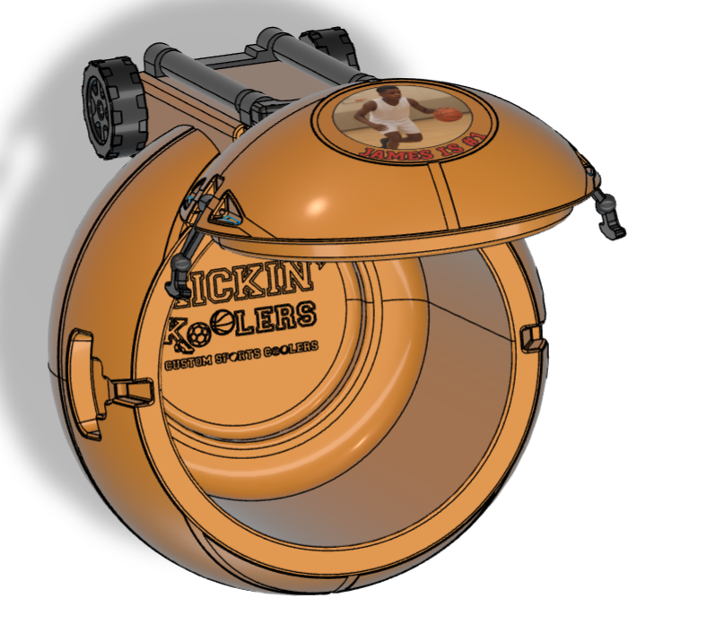 top view of the basketball cooler showing customer sticker on the top and our logo inside