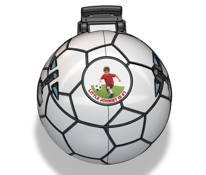 Soccer ball shaped cooler with a personalized photo of a child playing soccer and custom text, front view