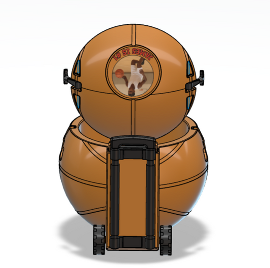 Customizable rolling basketball shaped cooler, rear view