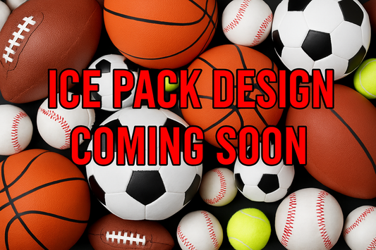 Coming Soon Pic with the text "Ice pack design coming soon"  place this text over a stock photo of multiple sports balls.  make the text red with thin black outline