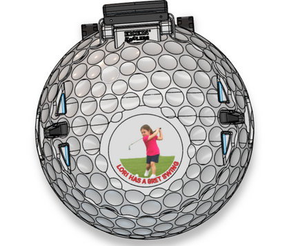 Golf ballshaped cooler with area for customer to upload logo, photo, and text