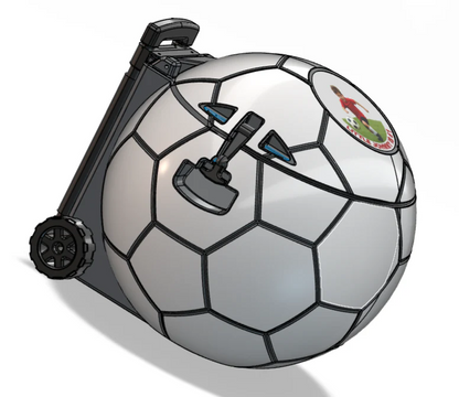 Soccer ball-shaped drink cooler with a custom logo and text, side view
